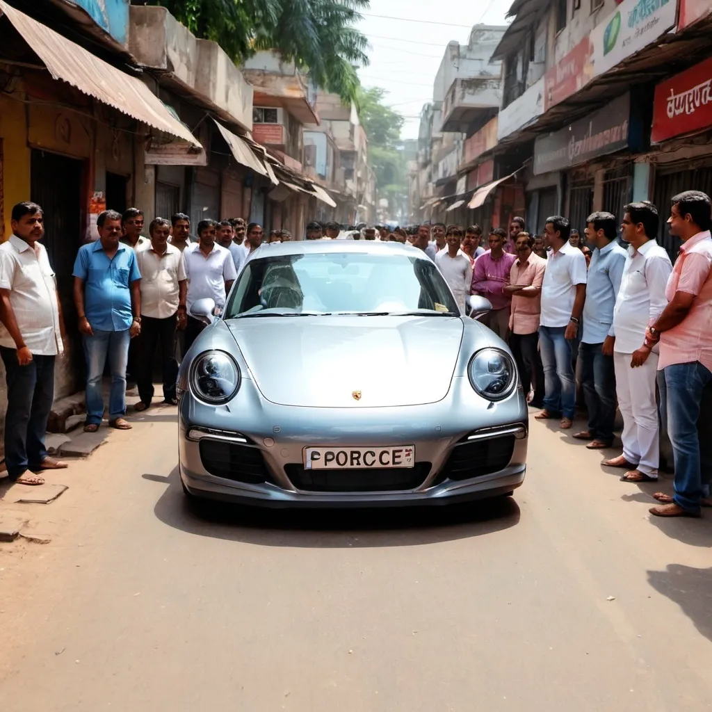 Prompt: A Porsche standing in Indian Street , people around taking clicks 