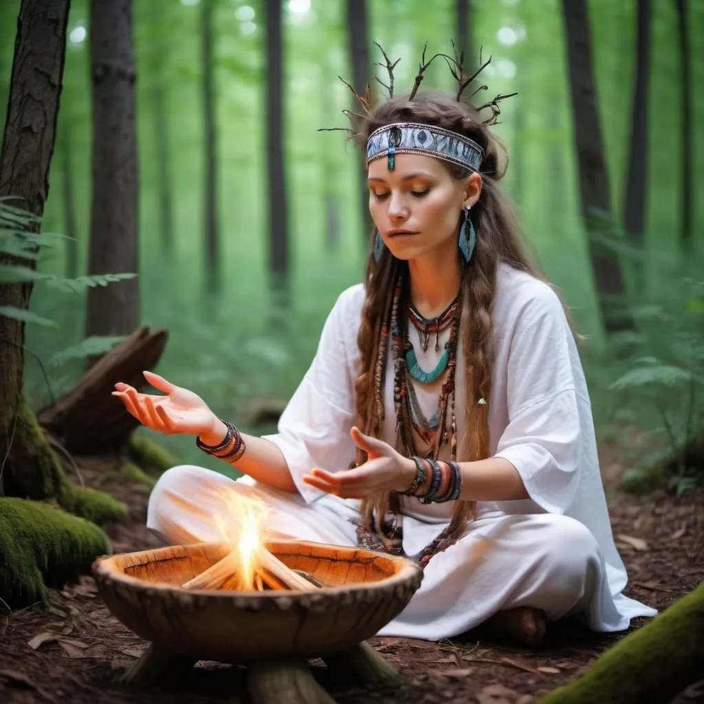 Prompt: generate photo a young female shaman practicing magic in the forest