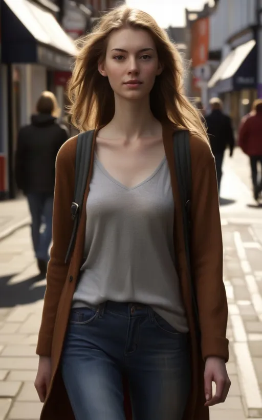 Prompt: Tall young woman walking down the high street, detailed clothing, realistic, natural lighting