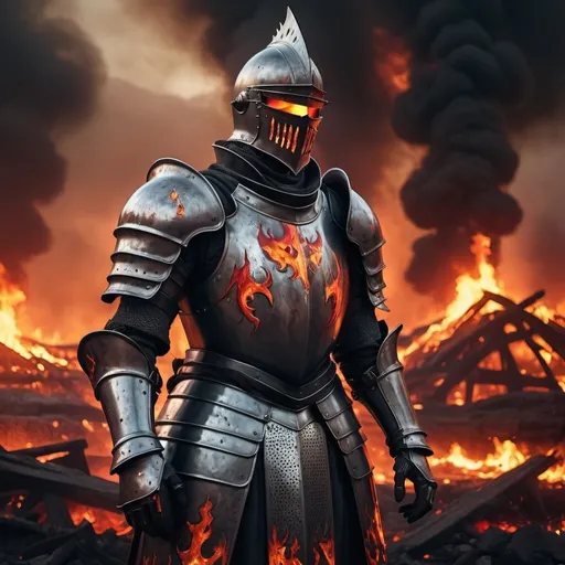 Prompt: An evil knight with glowing red eyes standing over bodies in a burning village , 4K , high-quality , Realistic , Ray Tracing 