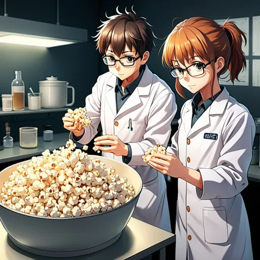 Prompt: anime, scientists making popcorn