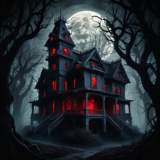 Prompt: Haunted house, (evil red eyes) glaring from the windows, nestled in a (very dark forest), illuminated by a (full moon) casting eerie shadows, a sense of suspenseful dread, tangled branches weaving a natural cathedral around the scene, mist creeping through the underbrush, (ultra-detailed) atmosphere, harboring secrets of the night, frightening yet intriguing, inviting a closer inspection.