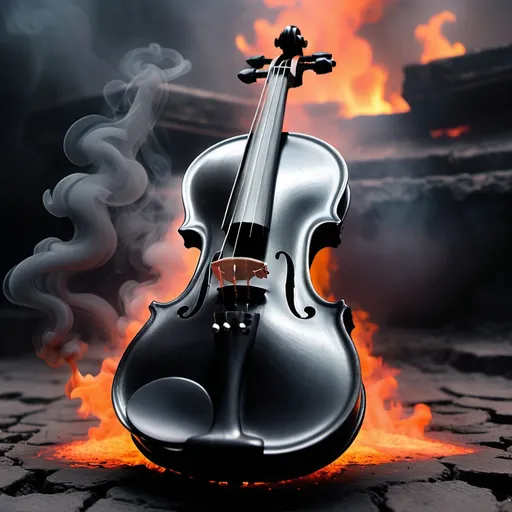 Prompt: A completely black violin on the ground with hell in the background. Background of hell. The violin seems very hot with smoke.