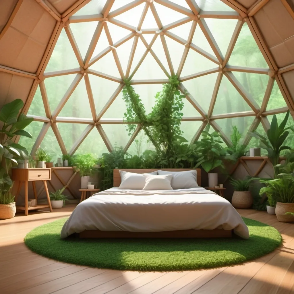 Prompt: "Create an image of inside a  geodesic dome healing dome that. In this dome are healing herbs. On the floor are speakers to project healing frequencies"