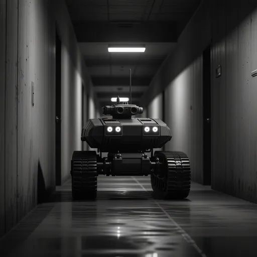 Prompt: A low, tracked patrol robot rolls quietly through a dim corridor, its cameras scanning the surroundings in steady loops. The machine’s small, tank-like frame glides past as an unseen observer watches from the shadows, heart pounding. The tension is thick, but the robot moves on, unaware of the hidden figure.