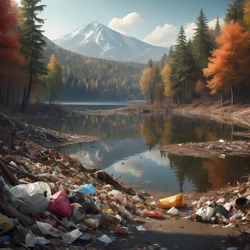 Prompt: In a middle of a Forest a lake fill with trash. Behind a lake there's a mountain. Some trash are in the lake as well