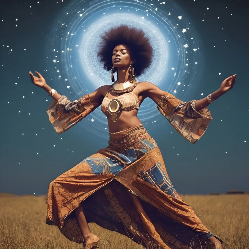 Prompt: afrofuturism celestial dancing under the stars in spiritual bohemian clothes