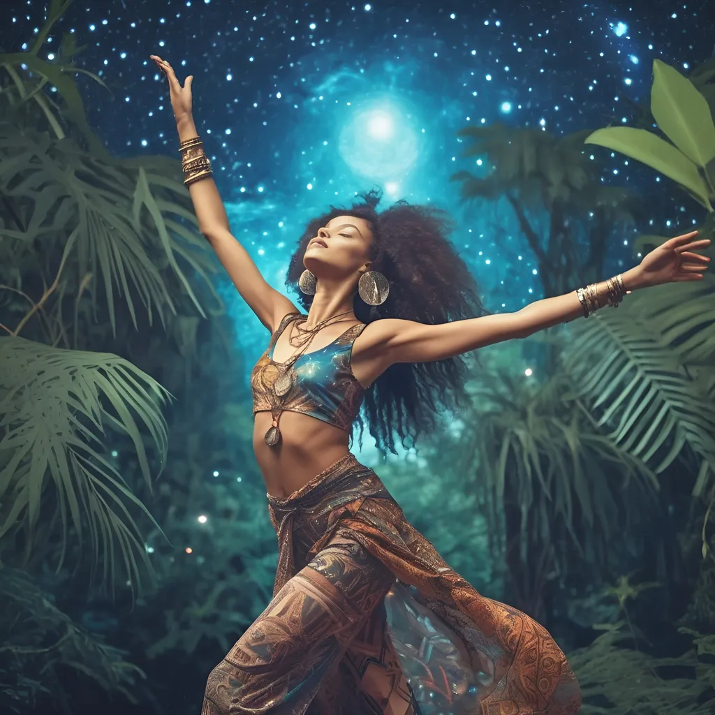 Prompt: beautiful  young dancing woman in afrofuturism style celestial cosmic background under the stars in spiritual bohemian clothes in jungle 