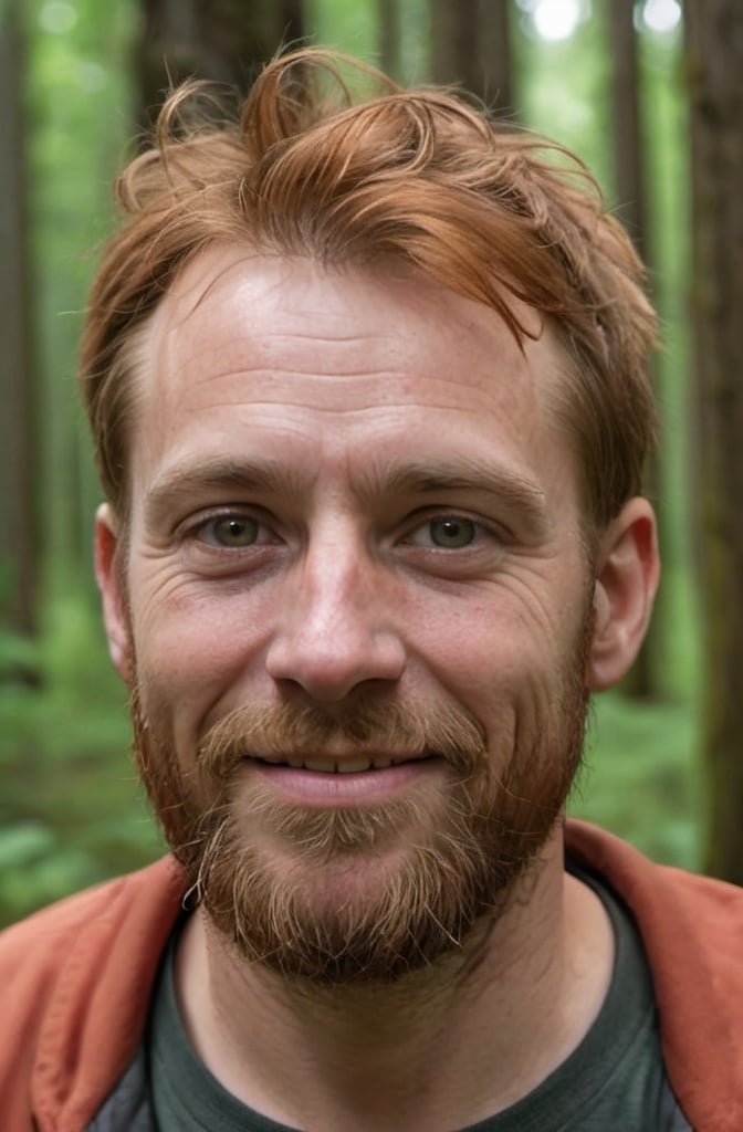 Prompt: A thirty-eight-year-old male, Caucasian. red hair. unkept. sharp Hazel eyes. Tired. wrinkles from laughing. small frown. a wonky nose. Pain showing in the eyes. full beard. Average looking. sad smile. He is standing in the forest; his clothing is well worn outdoor clothing. 