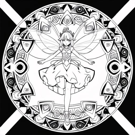 Prompt: coloring page, a beauty Fairy jumping for joy in garden, mandala coloring page , black lines white background--ar17:22