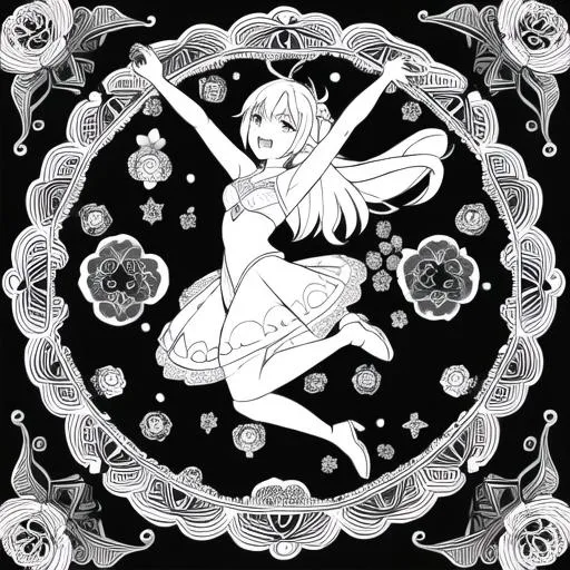 Prompt: coloring page, a beauty Fairy jumping for joy in garden, mandala coloring page , black lines white background--ar17:22