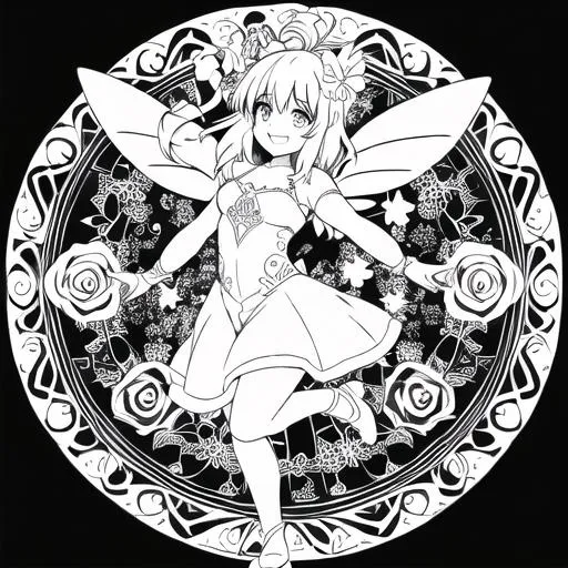 Prompt: Mandala coloring page, a happy Fairy, with pretty eyes, big smile, jumping for joy in the garden, with every detail ready to be colored, black lines and white background--ar17:22