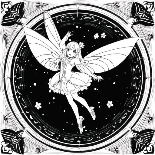 Prompt: coloring page, Capture the beauty of a fairy jumping for joy in a lush garden, styl anime, with every detail ready to be colored, black lines white background--ar17:22