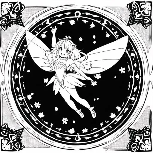 Prompt: coloring page, Capture the beauty of a happy fairy, with pretty eyes, big smile, jumping for joy in the garden, with every detail ready to be colored, black lines and white background--ar17:22