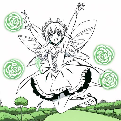 Prompt: coloring page, a beauty Fairy jumping for joy in garden, black lines white background--ar17:22