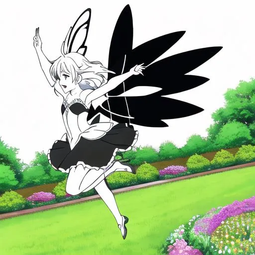 Prompt: coloring page, a beauty Fairy jumping for joy in garden, black lines white background--ar17:22
