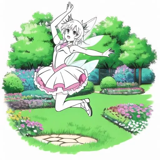Prompt: coloring page, a beauty Fairy jumping for joy in garden, styl anime, black lines white background--ar17:22