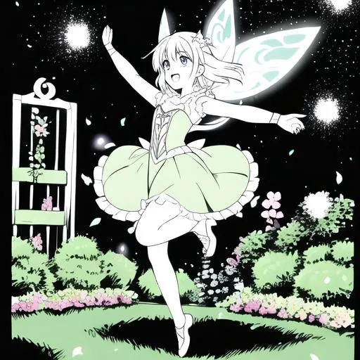 Prompt: coloring page, a beauty Fairy jumping for joy in garden, styl anime, black lines white background--ar17:22
