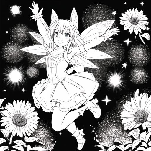 Prompt: coloring page, Capture the beauty of a happy fairy, with pretty eyes, big smile, jumping for joy in the garden, with every detail ready to be colored, black lines and white background--ar17:22