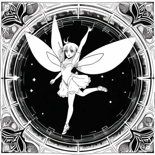 Prompt: coloring page, Capture the beauty of a fairy jumping for joy in a lush garden, styl anime, with every detail ready to be colored, black lines white background--ar17:22