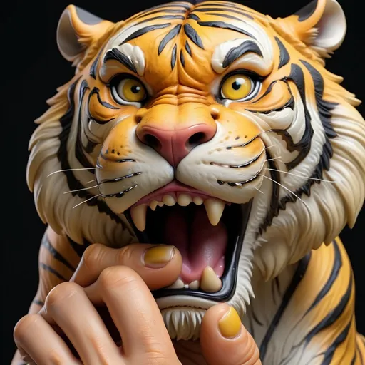 Prompt: Create a hyper realistic image of the tiger sitting on the human thumb finger with wrinkle yellow skin  with angry face