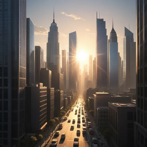 Prompt: Modern Skyline: A depiction of a modern cityscape featuring towering skyscrapers, bustling streets, and the sunlight rising at the edge of the city.