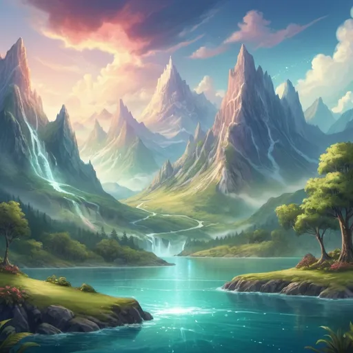 Prompt: Fantasy Landscape: An illustration of a fantastical land with towering mountains, lush forests, and sparkling waters. Add beautiful lighting and varied skies to create a joyful atmosphere.
