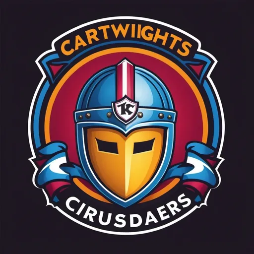 Prompt: A vibrant soccer team logo with a knights helmet in the middle. The team name is Cartwrights Crusaders