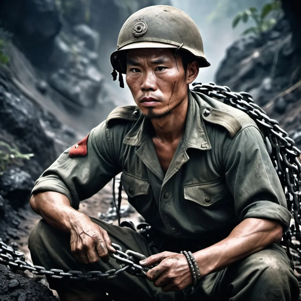 Prompt: A Chinese soldier putting chains on a cobalt miner in the Congo