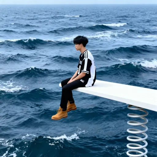 Prompt: A square-format album-cover scene
of alone subject [person in the image]
sitting in relaxed profile on the very
tip of a white spring diving board that
just in from frame right over a vast
ocean; no horizon or land visible-only
layered,choppy waves filling the frame;
Subjects wears an oversized black and
white athletic jersey, black pants and
timberland brown boots; composition
matches precisely-the subject is