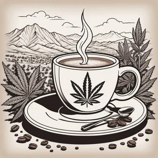 Prompt: (Coffee Cup), vibrant logo design, (Smokin' Joes Coffee and Cannabis), retro style, old diner aesthetics, (Jount 66 sign), tranquil Albuquerque NM backdrop, majestic Sandia Mountains, warm earthy tones, cozy ambiance, rich textures of coffee, low-hanging smoke from cannabis joint, (ultra-detailed) elements, inviting atmosphere, hint of nostalgia, suitable for a café or lounge brand aesthetic, high quality perspective.