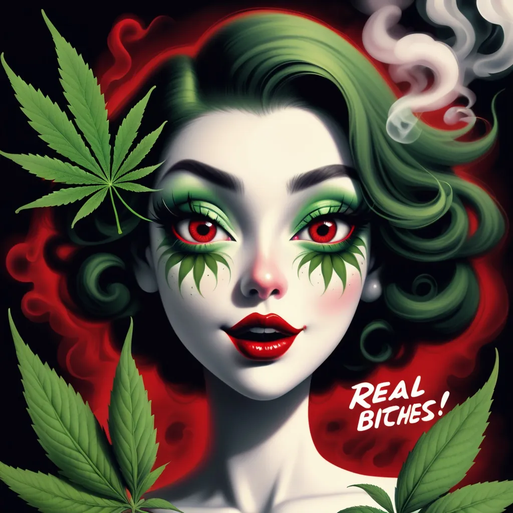 Prompt: A cannabis leaf female with big eye lashes and red lips, with smoke around her, looking very happy. With the words Real Bitches Get High around her. 