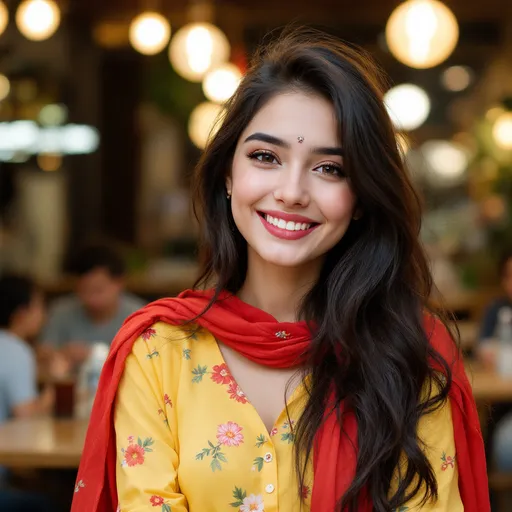 Prompt: A young woman poses playfully for the camera, with a gentle smile that highlights her confidence and charm. She wears a vibrant yellow garment adorned with floral patterns, complemented by a flowing red scarf draped casually over her shoulder. Her long, dark hair cascades around her shoulders, and a small decorative dot adorns her forehead. The background reveals a bustling café atmosphere, where a few patrons enjoy their time, under soft, circular lights that create a warm ambiance. The overall scene conveys a sense of joy and vibrancy, showcasing the woman's cheerful disposition amid a lively social setting.
