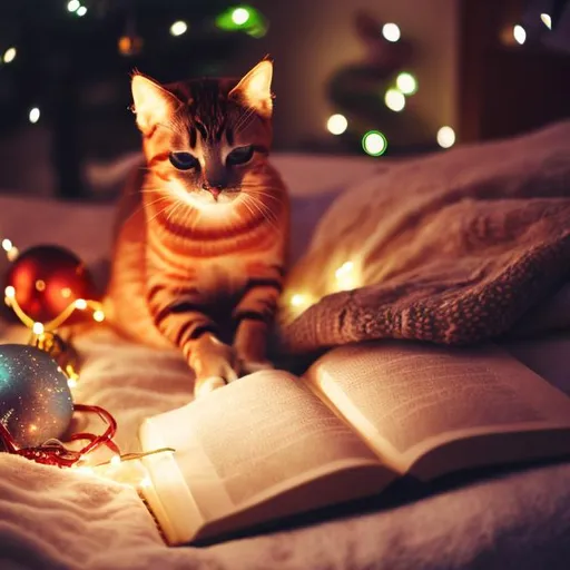 Prompt: cat, book, christmas lights, evening, blanket