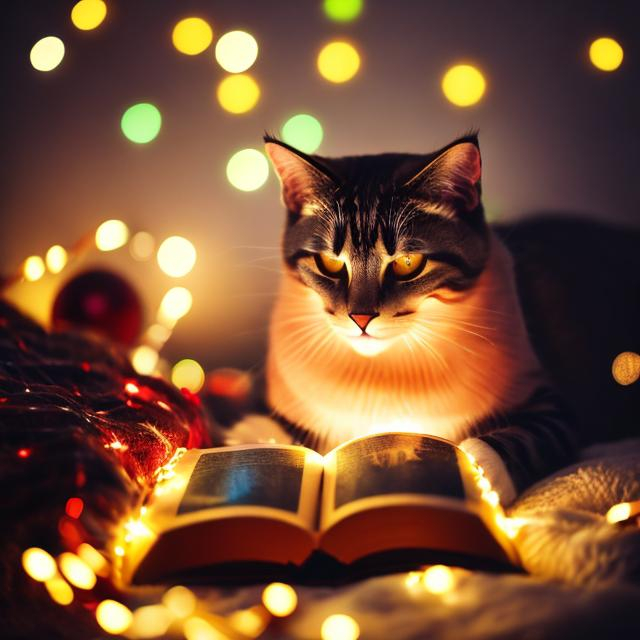 Prompt: cat, book, christmas lights, evening, blanket