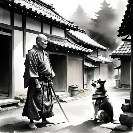 Prompt: samurai shiba in armor talking to an old monk with a robe in a japanese village, traditional Japanese ink painting, dynamic action, high contrast, intense brushwork, fierce expression, dramatic lighting, black and white, ink wash,  authentic style, best quality, high contrast, traditional, intense action, black and white, ink wash, authentic, dramatic lighting
