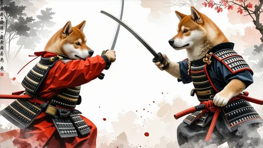 Prompt: (Shiba Inu dogs as samurais), wearing (kimono) and armor, wielding katanas, intense brushwork, fighting each other, dramatic and colorful ink wash background, high contrast lighting, depicting a serene forest, (traditional Japanese art) style, intricate ink painting details,  producing a sense of action and bravery, (high quality),  immersive atmosphere, compelling visual narrative. include the text Sakura and Ronin in the picture
