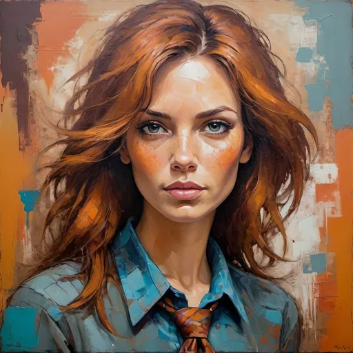 Prompt: Abstract thick and textured oil painting with bold brush strokes for a dynamic and energetic feel. The painting uses warm autu

mnly colors to add a sense of nostalgica. A woman i portraited with prominent cheekbones, rust colored tousled hair, freckled skin and defined dimples. She dons a tie blouse that accentures her hourglass shaped figure and ample bosum., dark fantasy, vibrant, graffiti, conceptual art, painting, illustration

