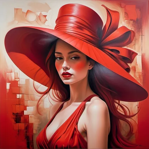 Prompt: This painting depicts a female figure dressed in a long red dress that harmoniously transitions into a wide-brimmed red headdress, creating the illusion that the woman's face is part of an abstract background. The dress and hat look like one, emphasizing grace and elegance. The painting expresses style and sophistication, with an emphasis on red, symbolizing passion and strength.