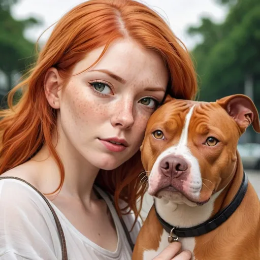 Prompt: anime style white woman with ginger hair and freckles with her pitbull