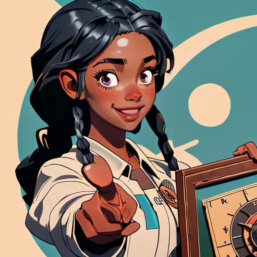 Prompt: masterpiece, best quality, a black girl with braids, intricate, smile, happy, 4k pointing to a compass on a board