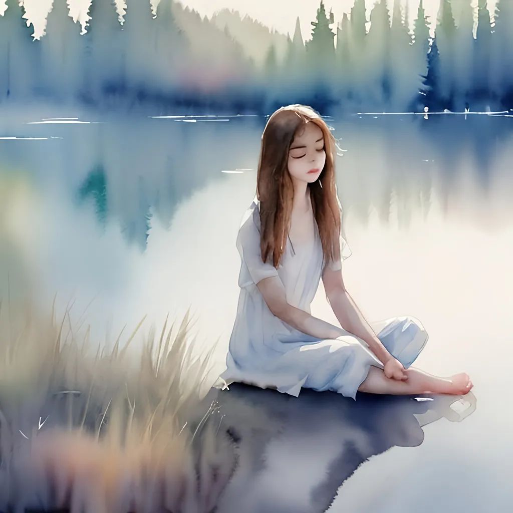 Prompt: The delicate strokes of a watercolor painting bring to life a serene morning scene where a beautiful girl, lost in serene contemplation, sits next to a placid lake, creating a tranquil ambiance that enchants all who gaze upon it.