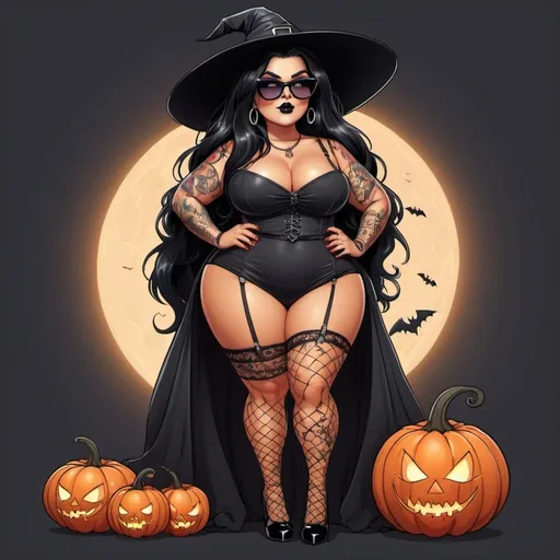 Prompt: cartoon plus size curvy girl with long black hair in witch outfit with fishnets and heels with a tattoos wearing sunglasses holding a lit pumpkin
