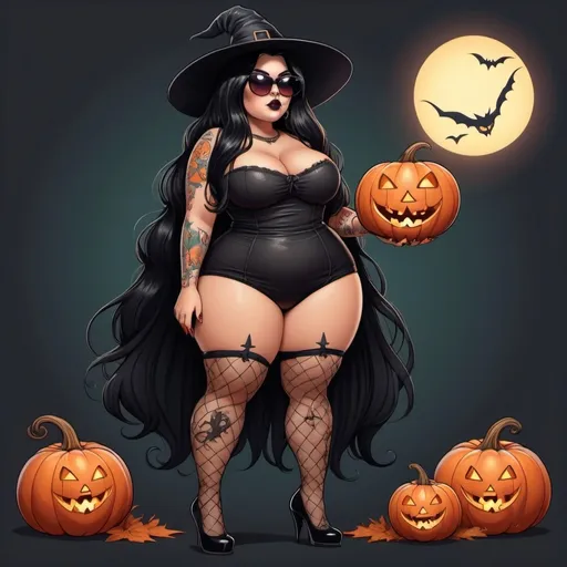 Prompt: cartoon plus size curvy girl with long black hair in witch outfit with fishnets and heels with a tattoos wearing sunglasses holding a lit pumpkin
