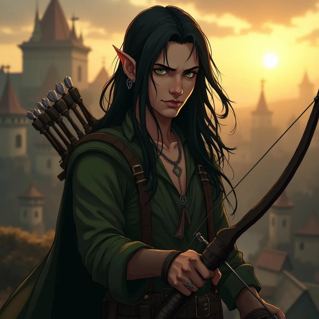 Prompt: A Male half elf, Black Hair, Green eyes, Mid thirties, Striking handsome,  holding a ((CROSSBOW)) at the ready, wearing loose mid evil clothing, Med evil  town in background, Dramatic Cinematic, Golden Hour lighting.