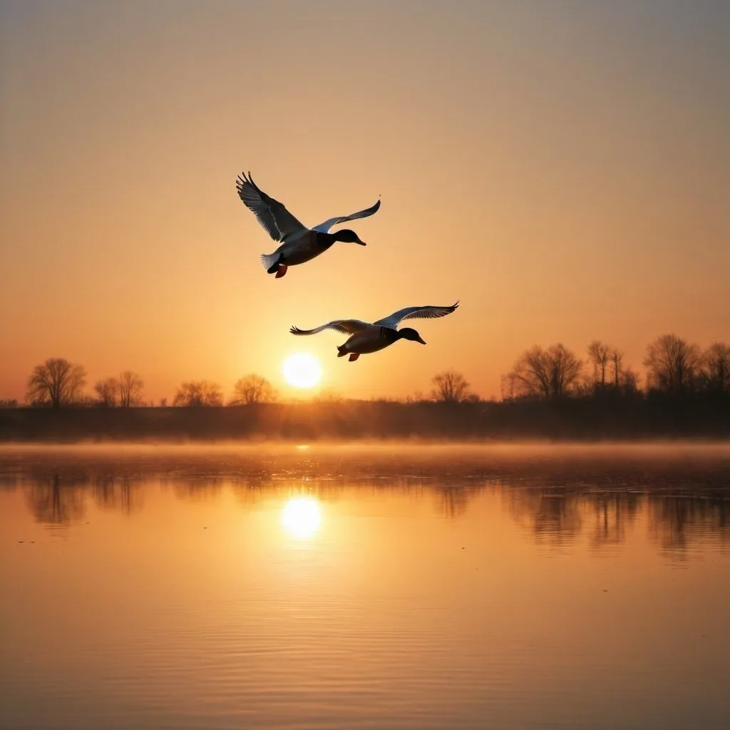 Prompt: two flying ducks at sunrise, photo style, panoramic style

