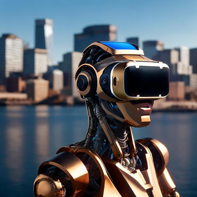 Prompt: A hyper-realistic photo of a bronze, metallic artificial intelligence robot using a virtual reality headset in the foreground with the Halifax waterfront of Nova Scotia in the background, wide-angle lens
