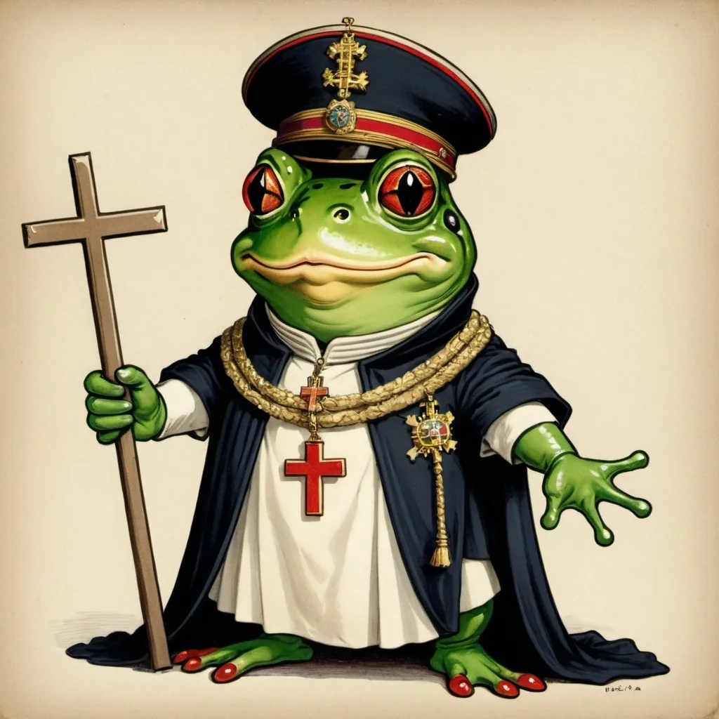 Prompt: cartoon benito mussolini as a frog but dressed in imperial garments, holding a cross

