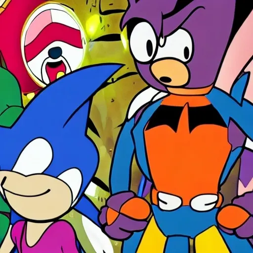 Prompt: Are crossovers overrated? News article. Videogames. Movies. Stock image. Adventure Time. Velma. Bugs Bunny. Shaggy. Batman. Garnet from Steven Universe. Steven Universe. Spider-Man. Sonic, Tails, Michael Jordon.