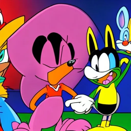 Prompt: Are crossovers overrated? News article. Videogames. Movies. Stock image. Bugs Bunny. Velma. Buster bunny Shaggy. .Looney Tunes Batman. Garnet from Steven Universe. Steven Universe. Porky pig. Daffy Duck. Sonic . Tails. Michael Jordon. Detail.